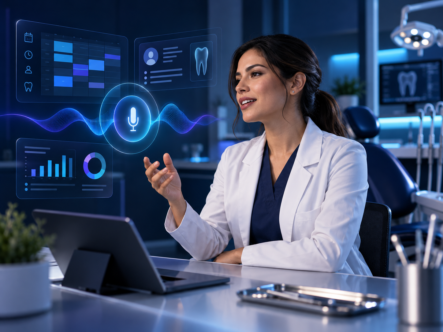 Profesional odontológica utilizando un asistente inteligente por voz
